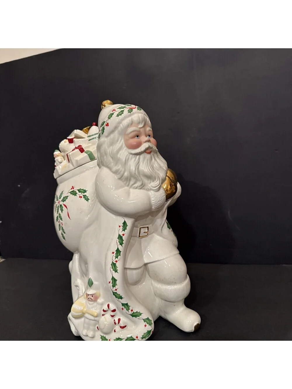 Lenox Holiday Santa Cookie Jar with Toy Sack 13” H Ivory Holly Christmas Décor
